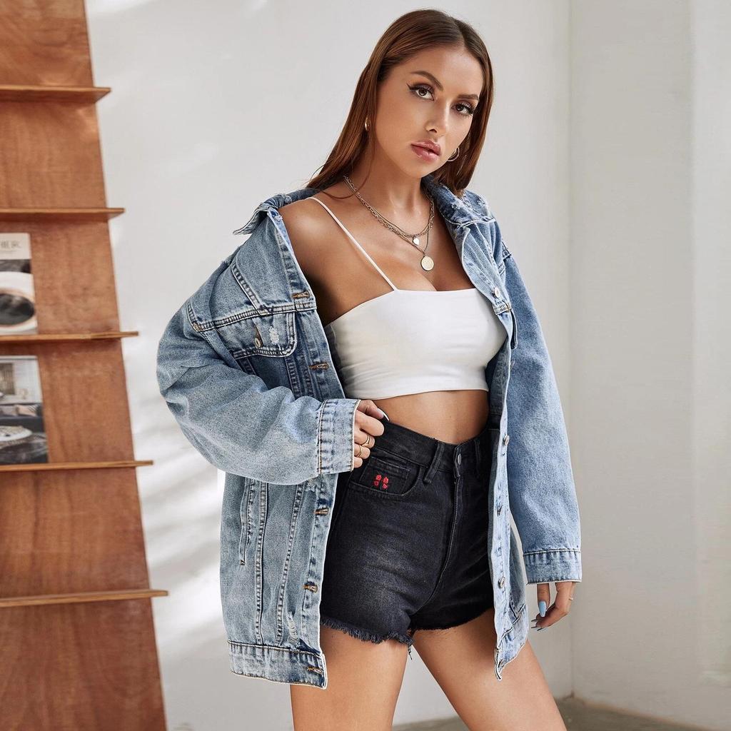 S115 Women's Plus Size Mid-Length Ripped Denim Jacket - European & American Style