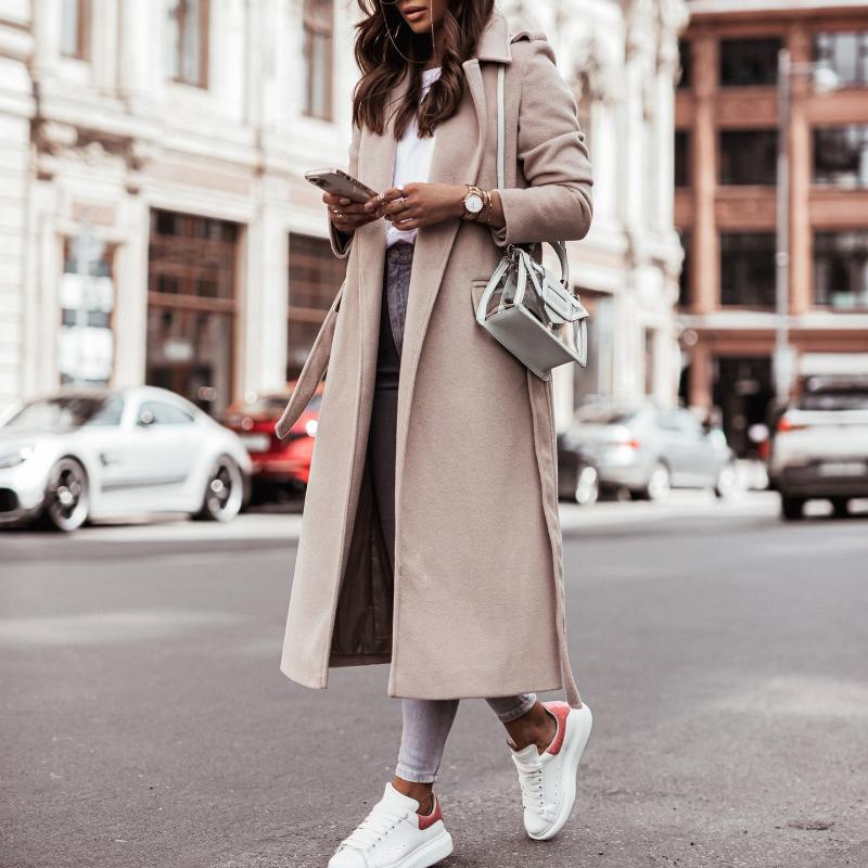 Women's Autumn and Winter Simple Long Sleeve V-Neck Tied Tweed Jacket