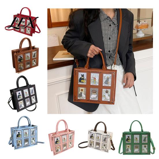 Unique Cute Cat Print Tote Women Bag, Faux Leather Shoulder Artistic Patterns, Casual Bag Stylish Crossbody Handbag for Work Daily Use Vintage Pattern