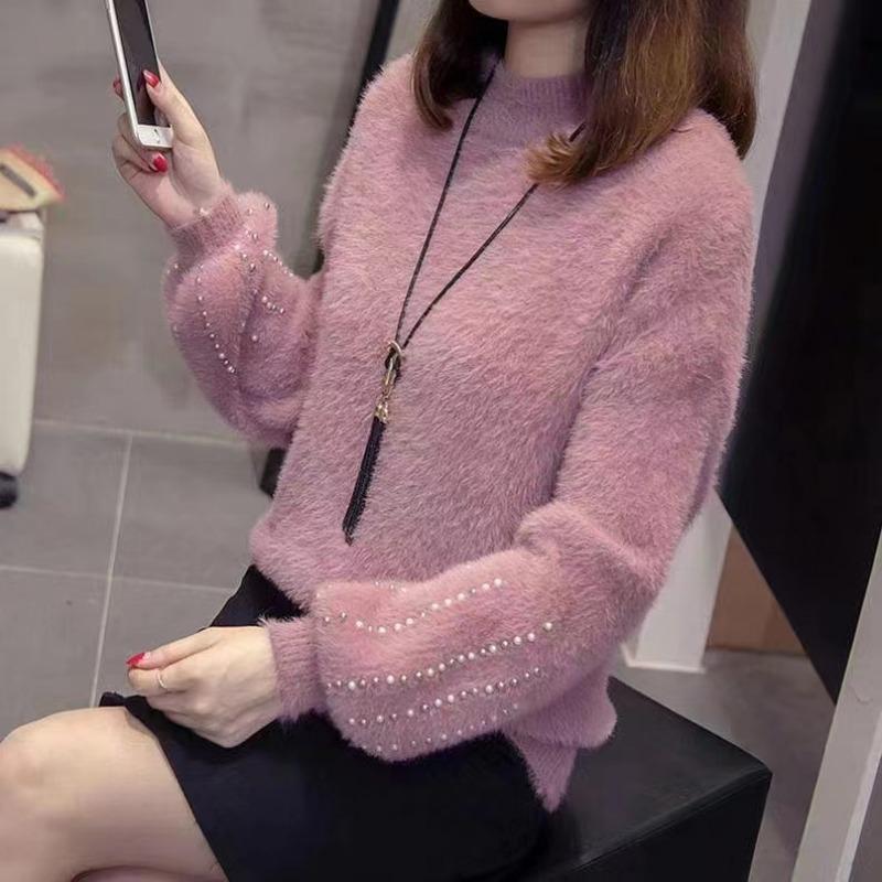 Long Sleeved Sweater for Women In Autumn Winter Simple Pullover Semi High Neck Imitation Mink Fur Gentle Knit Sweater for Women