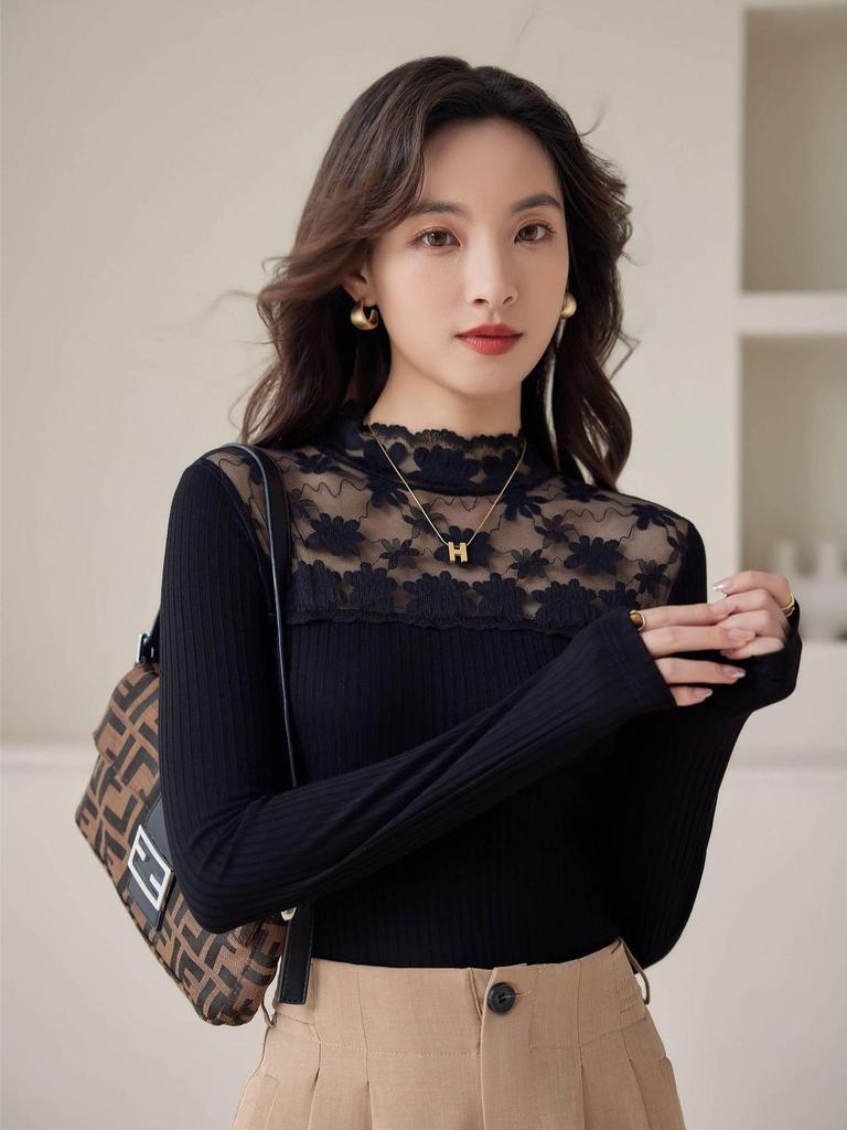 Damen Slim Fit Langarm Mesh-Spitzenoberteil - Aushöhlendesign, Frühling/Herbst Vielseitiger Socialite-Stil