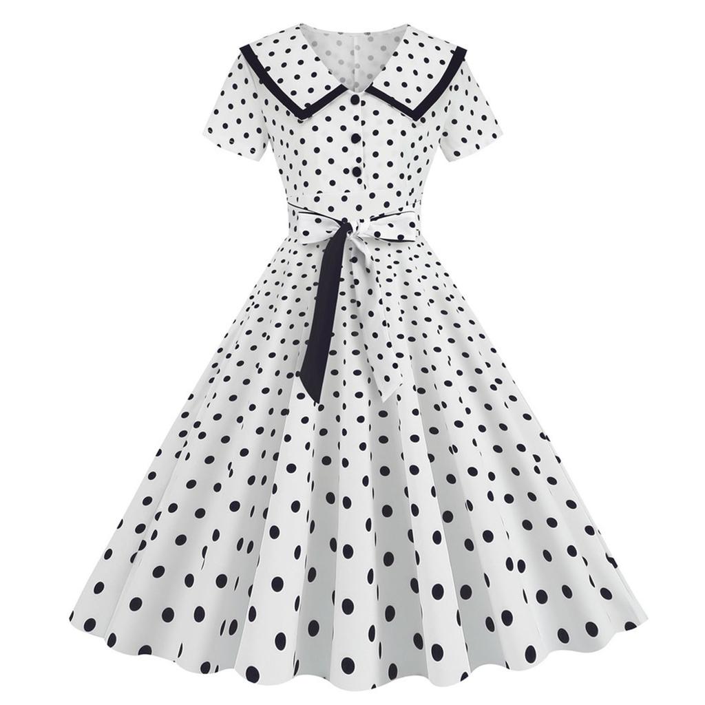 Women s Fashion Lapel Vintage Polka Dot Print Maxi Dress with Belt XXL чёрный