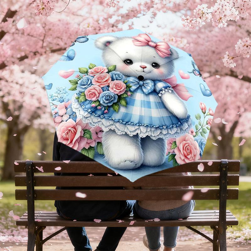 1PC Bear Flowers Umbrella-8-Rib Reinforced, Automatic Open, Lightweight & Durable, Cute Fashion Accessory for Outdoor-Y0340