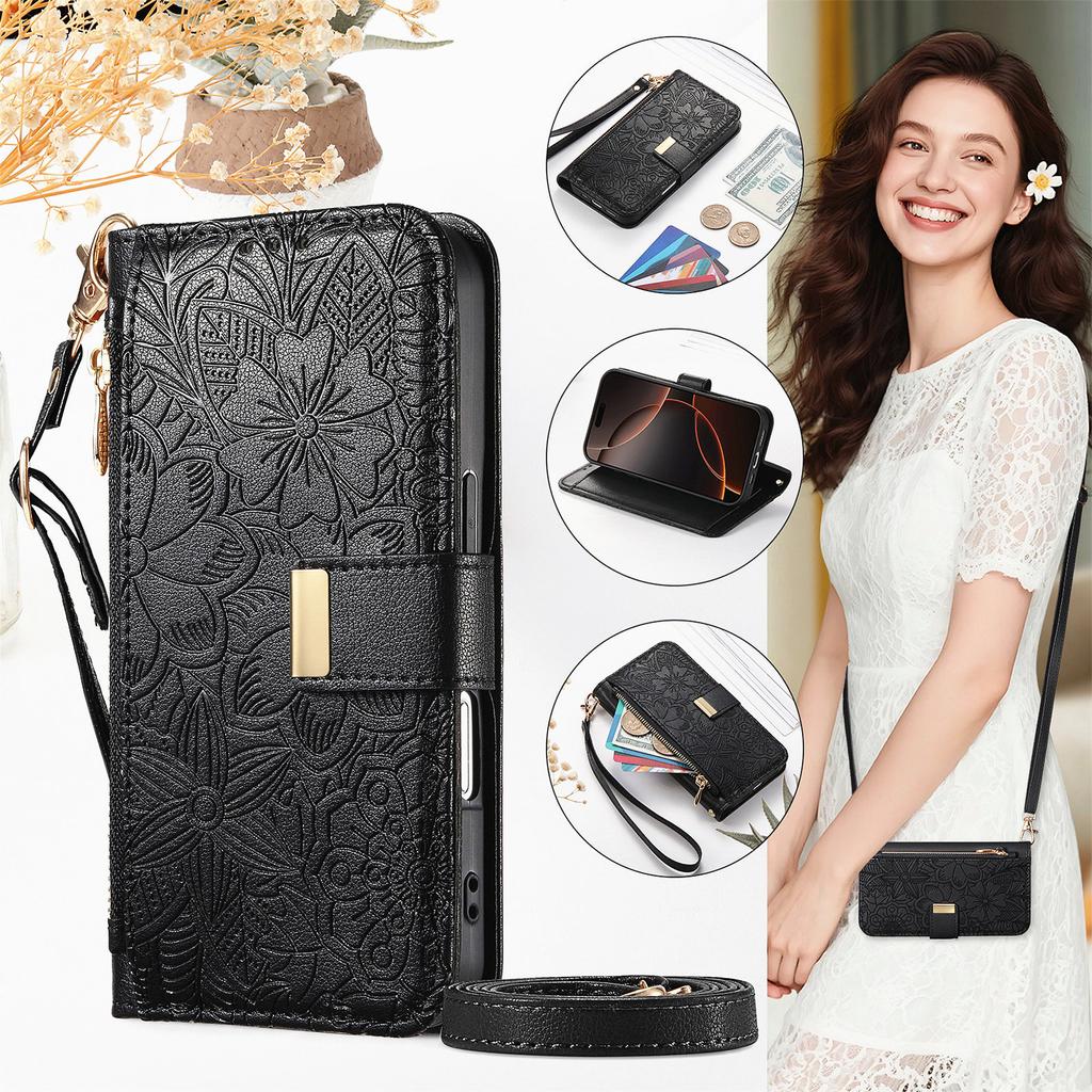 Floral Leather Wallet Case for Samsung Galaxy A05-A71 / S24-S25 series...with Detachable Shoulder Strap