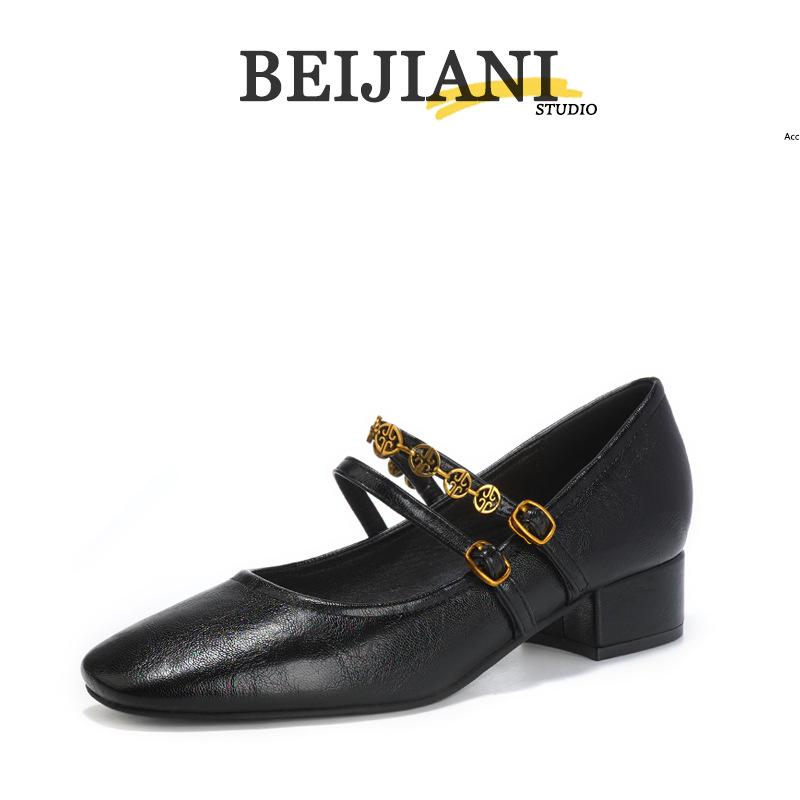BEIJIANI 5318-6 Retro French Soft Mary Jane Shoes - Women’s Chunky Heel, Square Toe