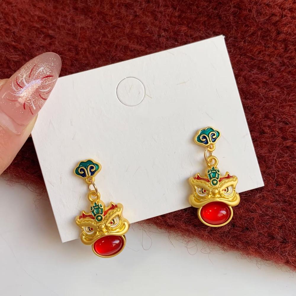 Good Luck Lion Dance Earrings Set Tassel New Year Earrings Trendy Bell Ear Studs  Ear Accessories