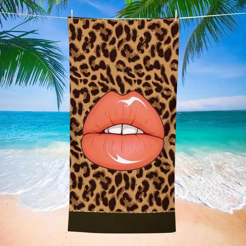 Retro Pop Art Red Milkshake Lips Beach Towel Soft Absorbent Towel Pink Sunglasses Checkered Print Quick-Dry Lightweight Towel