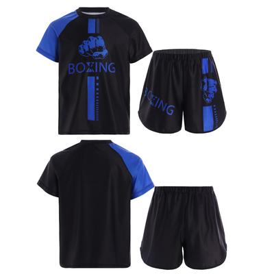 Kids Boys Boxing Uniform 2pcs Tracksuits Short Sleeve Boxer Shirt and Fighting Shorts Muay Thai Kickboxing Set