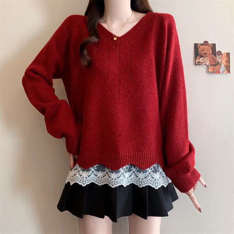 French Lace V-neck Patchwork Two-Piece Knit Sweater - Loose Fit for Autumn/Winter