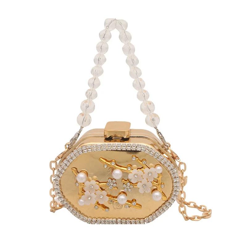 Metal Mini Bag Rhinestone Tassel Shoulder Bags Women's Chain Crossbody Chain Box Bags Gold Evening Bag