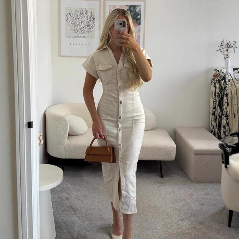 New Denim Sleeveless Lapel Deep V Slim Dress Dress Women's Summer High Sense