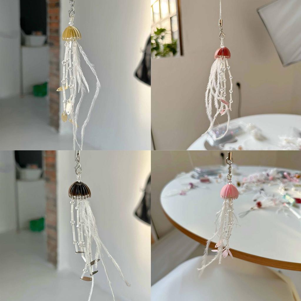 Stylish Jellyfish Pendant with Soft Feathers Fringe Colorful Keychain Unique and Fashionable Phone Charm for Women Girls
