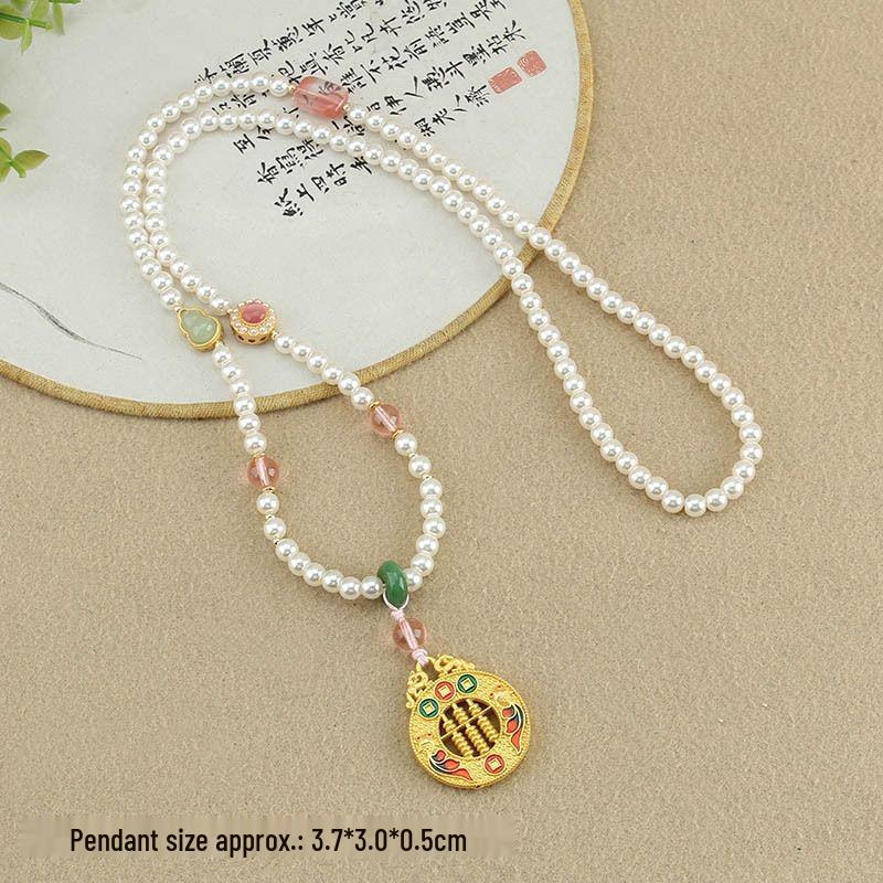 Retro Five Blessings Imitation Pearl Necklace with Cloisonné Pendant - Chinese Style Long Beaded Accessory