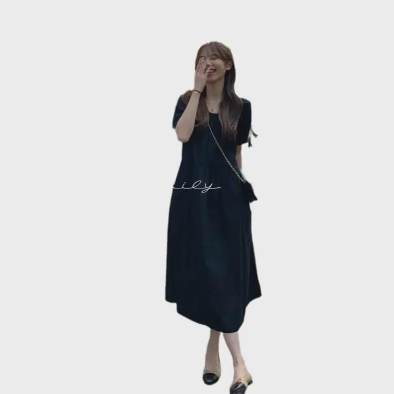 Sommerliches Midi-Kleid im koreanischen Stil, locker, einfarbig