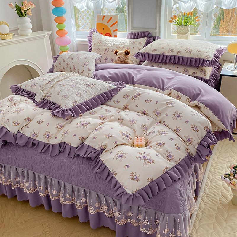 Pure Cotton Double-layer Yarn Quilt Cover Bed Skirt Lace Single-piece Three-piece Four-piece Set Four-season Universal Bed Sheet Quilt Cover