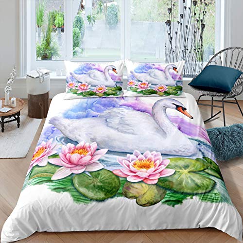 Lotus Duvet Cover Set Pink Flowers And Green Leaves Polyester Comforter Cover King Queen Size For Kids Girls Women Bedding Set