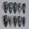 24 Stuks Zwarte Lange Kunstnagels met Amandelkop Design Kattenoog Zilveren Streep Patroon Press-on Nepnagels Draagbare Nageltips