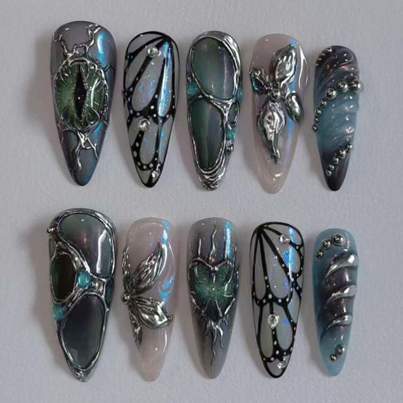 24 Stuks Zwarte Lange Kunstnagels met Amandelkop Design Kattenoog Zilveren Streep Patroon Press-on Nepnagels Draagbare Nageltips