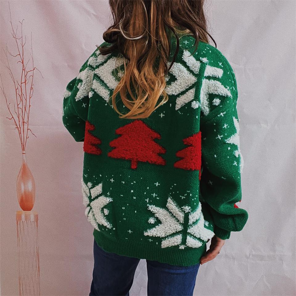 Autumn and Winter New Christmas Tree Jacquard Round Neck Long Sleeve Thick Knitted Hoodie Christmas Sweater for Women 3553 KTB