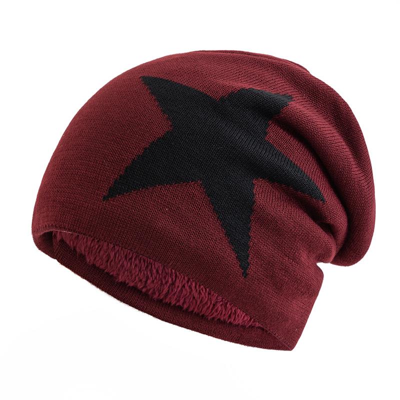 New Unisex Slouchy Winter Hats Five Star Pattern Warm Hats For Men Women Plush Fur Lined Fashion Ski Beanie Cap