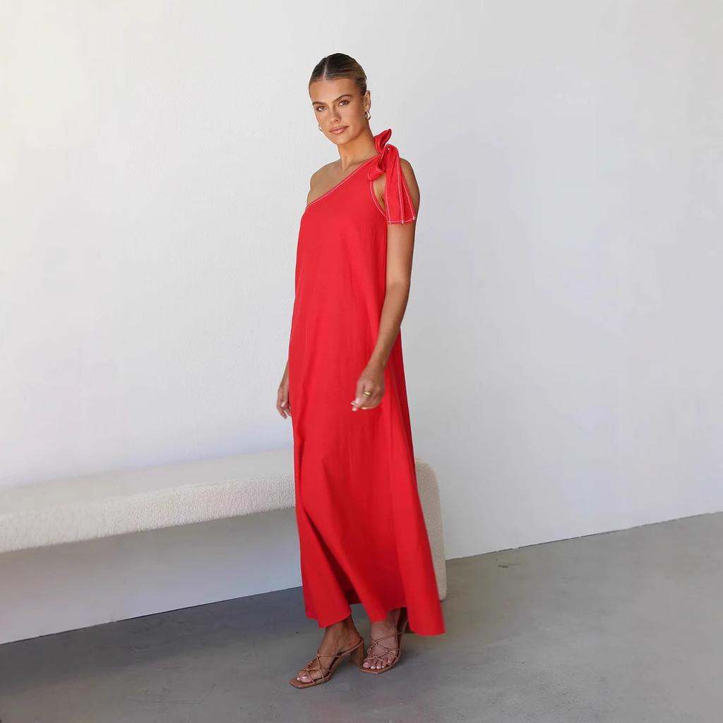 Damen Sommerkleider mit einer Schulter, ärmellos, einfarbig, fließend, mit Rüschen, Maxi-Sommerkleider, lässig, Boho, Strandparty, Hochzeitsgastkleider für Frauen