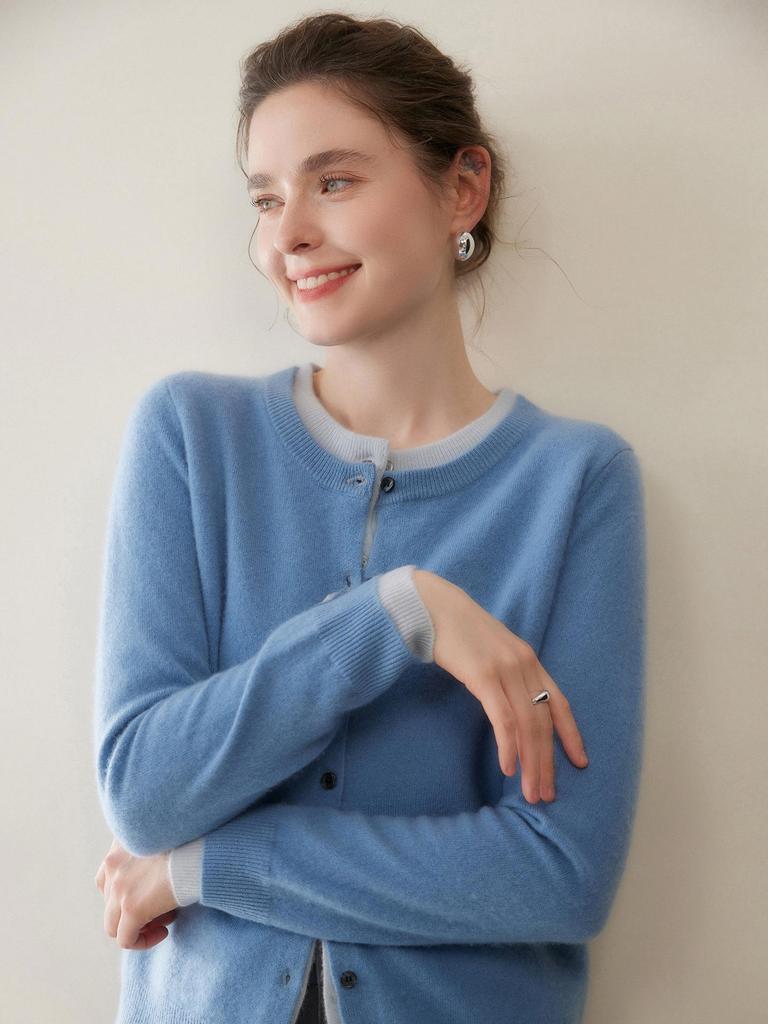 Women's Cashmere Cardigan: Two-Piece Knit Sweater Coat, Loose Fit, Slimming, Thickened, Round Neck, Color Block Design