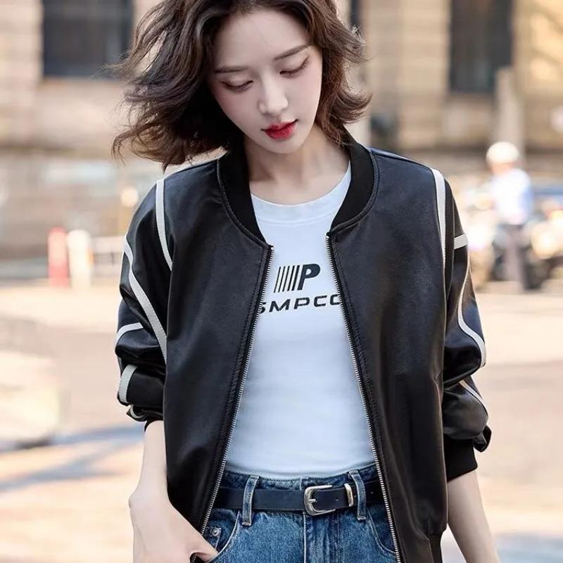 Herbst und Winter Rundhals Kontrastfarbe Leder Baseballjacke Damen Locker Lässig Mode Lederjacke Oberteil