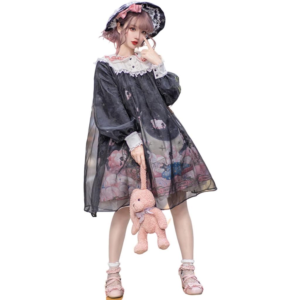 Milky Time Gothic Lolita Dress, Long Sleeve, Black Chiffon, Sheep Print, Cosplay Costume, Women's, Medium