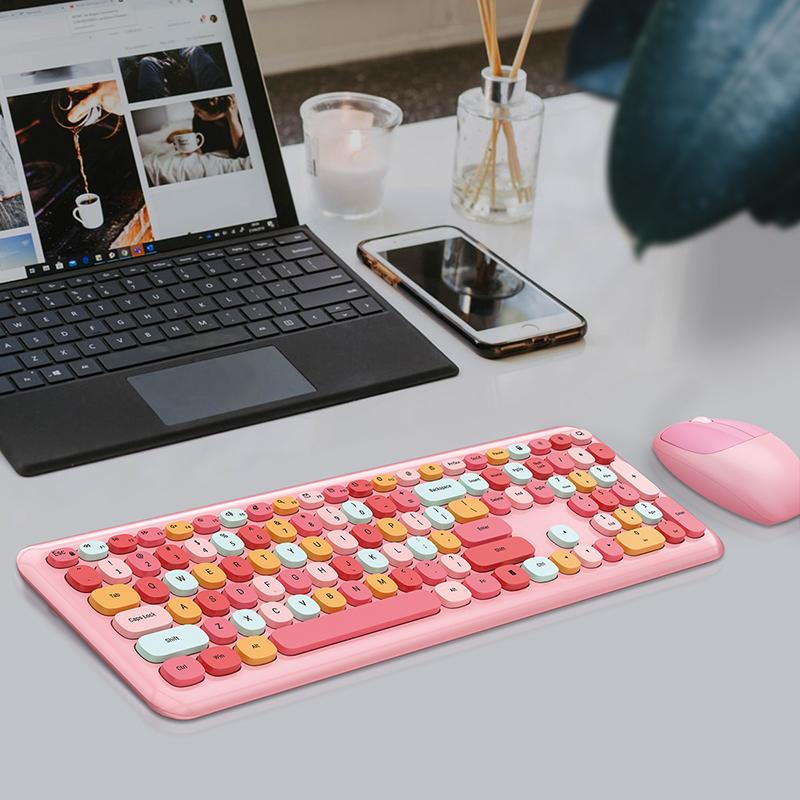 Mofii Trådløs mus og tastatursett Runde tastaturhetter Farget tastatur Kvinner Kontor Trådløst tastatur Full størrelse Skrivemaskintastatur