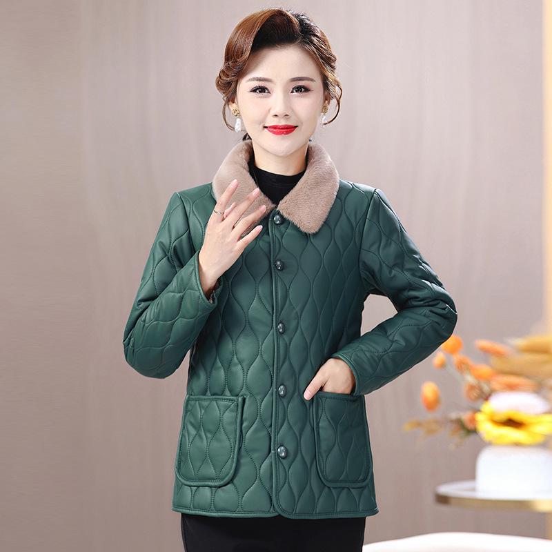 Chic Winter Fleece-lined Coat for Middle-aged & Elderly Women - Fashionable Leather-Feel, Loose Fit Top