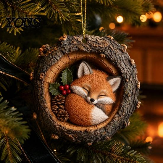 Decorative Animal Ornament Tree Hole Acrylic Ornament, Owl Fox Raccoon Bird Hedgedog Christmas Ornaments Squirrel Pinecone Pendant, Seasonal