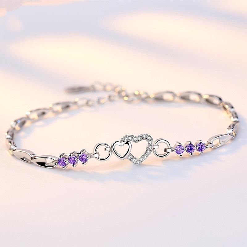 New 925 Sterling Silver Bracelet Purple Crystal Zircon Heart For Woman Charm Bracelet Jewelry Gift