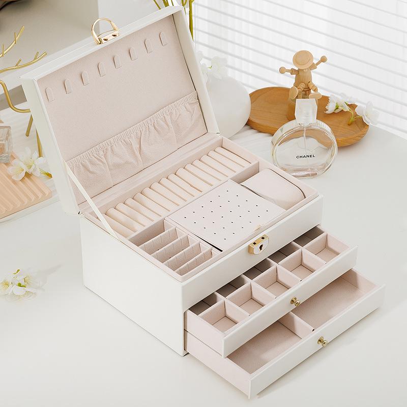 Three Layer Leather Jewelry Multifunctional Storage Box with Lock 23*17*13.5 белый