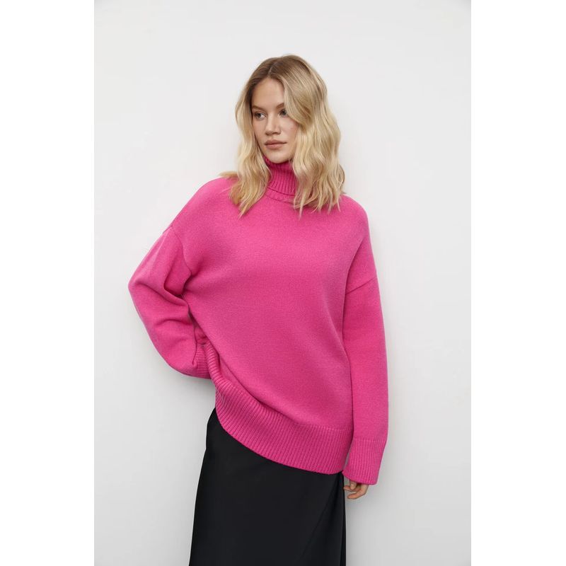 

Western Style New Knitted Solid Loose Fall/Winter Turtleneck sweater Loose High Necked Sweater Rose Red M