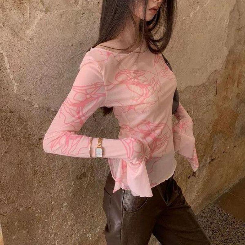 

Женская футболка с длинным рукавом из сетки в стиле ретро, розового цвета, осень 2024 One Size