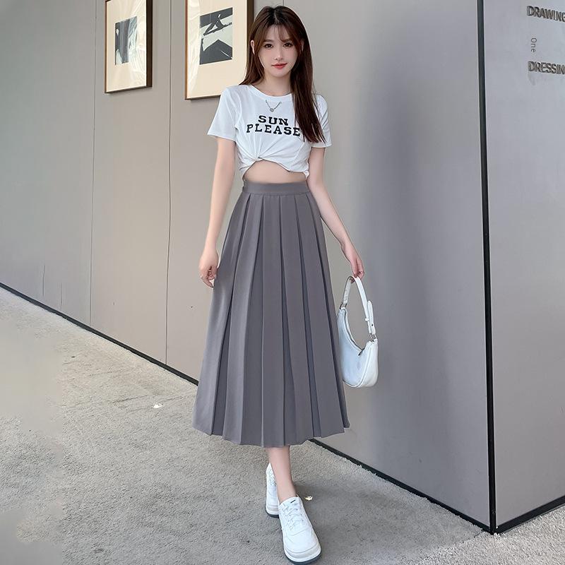 Women's Black Pleated A-Line Skirt - Mid-Length, High Waist, Elastic Fit, Autumn/Winter