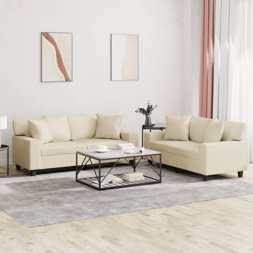 2 Piece Sofa Set with Cushions Cream Faux Leather