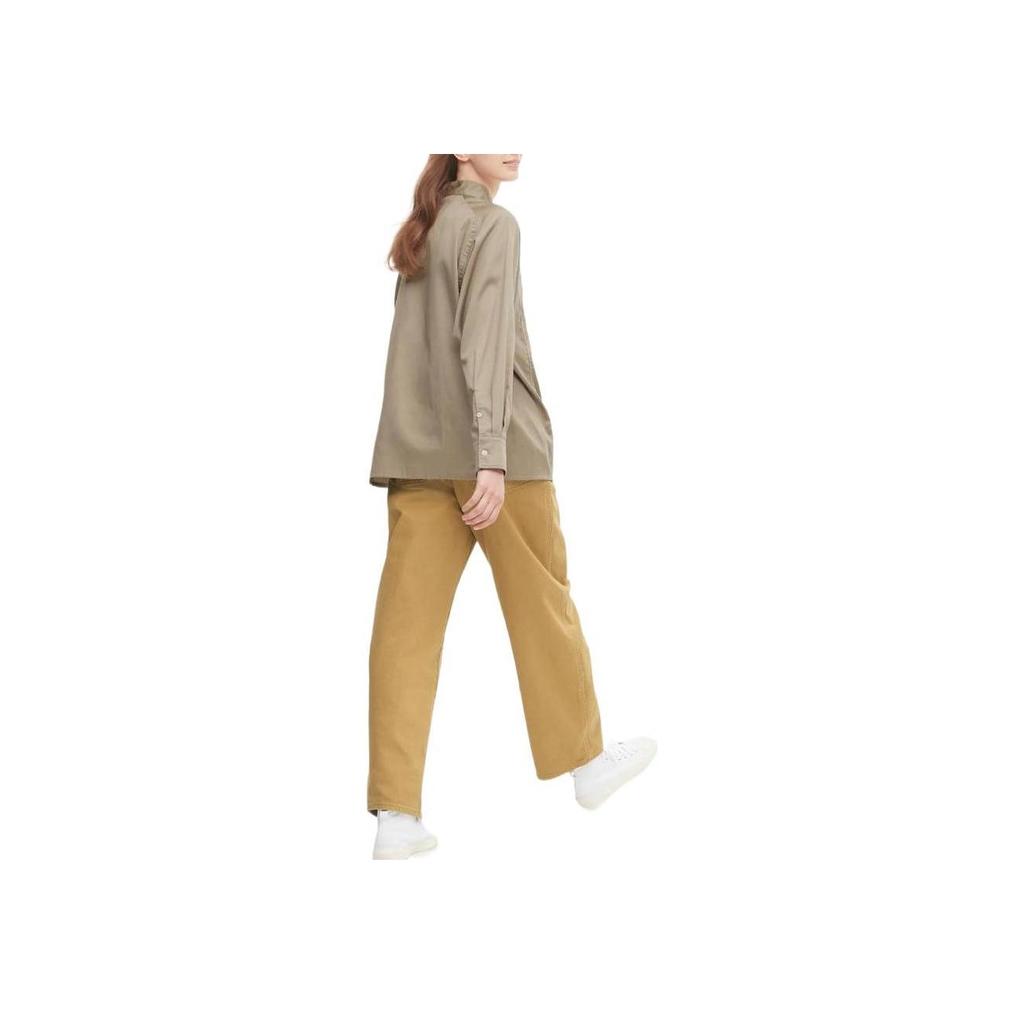 Uniqlo Solid Color Stand Collar Single Breasted Long Sleeve Shirt Women Shirts Khaki 451343-33