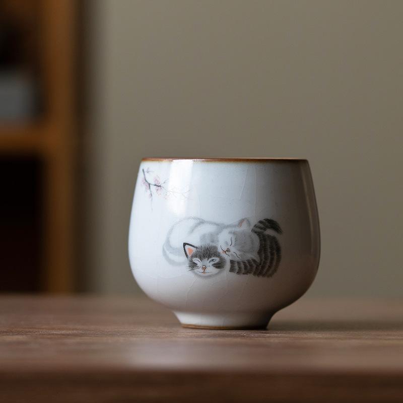1 Pc Chinese Tradition Ru Kiln Ceramic Tea Cup Handmade Cute Cat Teacup Household Personal Tea Bowl Travel Master Cup Tea Set