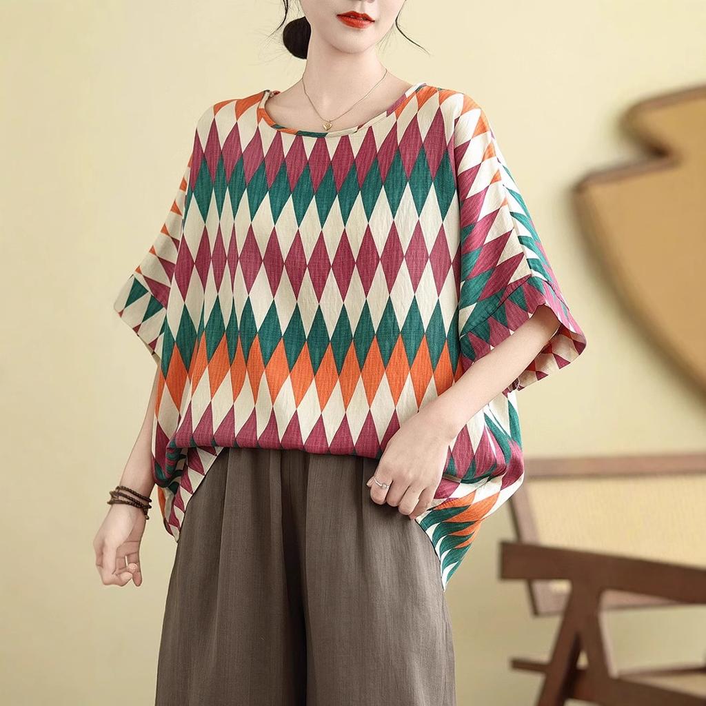 Cotton and Linen Large-size Women's Summer New Loose Slim Retro Contrasting Color Versatile Meat Cover Short-sleeved T-shirt Printed Top