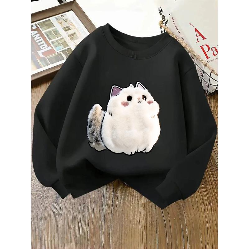 European Size Crewneck Sweatshirt - Fluffy White Cat with Pink Cheeks Machine Washable, Spring And Autumn, Sportswear And Casual Wear, Soft