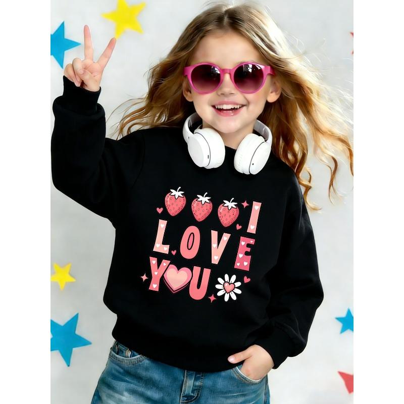 European sizes Cute Printed Pattern 0-3 Years Kids' Spring Lightweight Round Neck Sweatshirt with Strawberry and Heart Design, Comfortable
