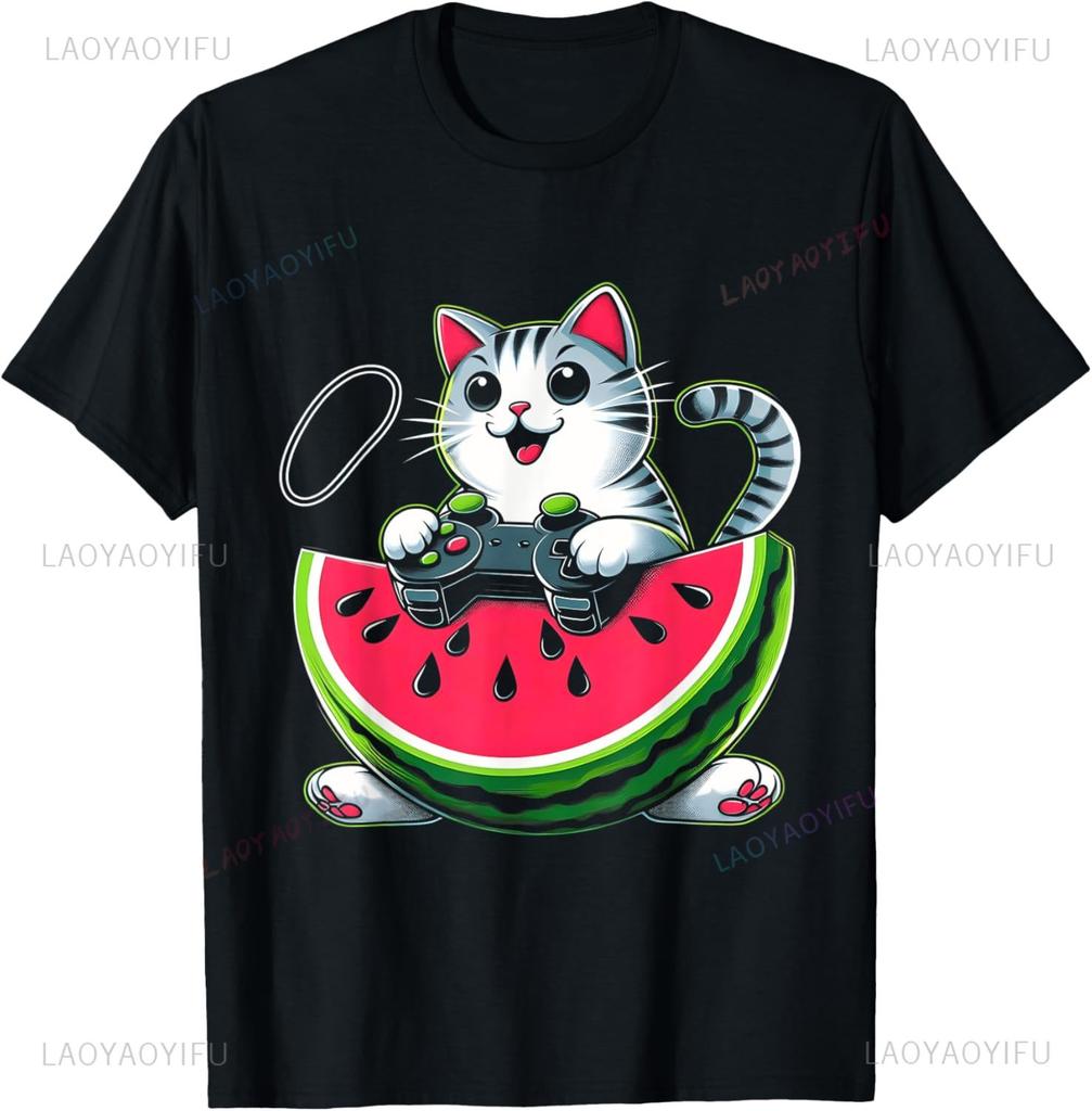 Cute Funny Cat On Watermelon Meme T Shirt Men Women ONeck Fashion Short Sleeve Tshirts Retro Harajuku Oversized Tshirt