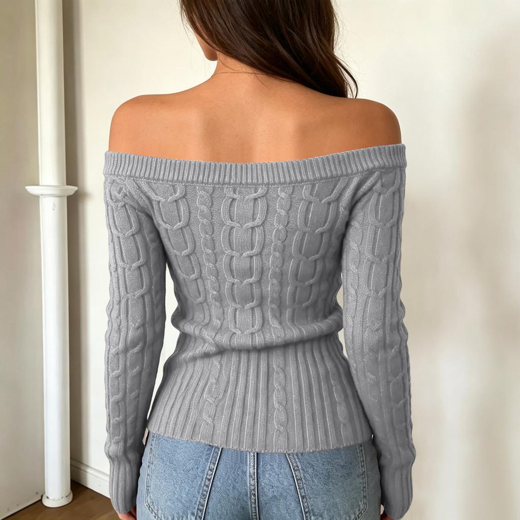 Women's Casual Off-Shoulder Cable Knit Long Sleeve Sweater