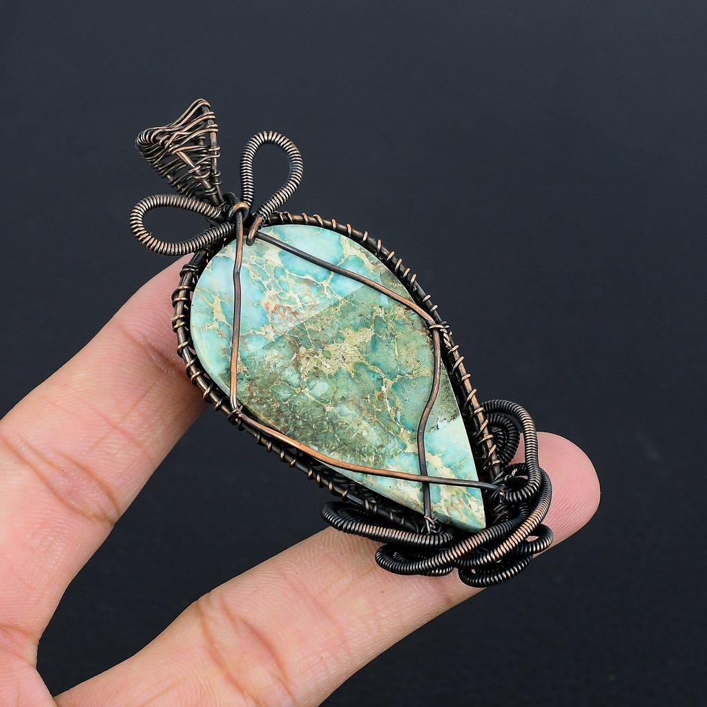 Blue Sea Sediment Pendant Gemstone Jewelry, 999 Copper Wire Wrapped Pendant, Gift For Women Handmade Pendant