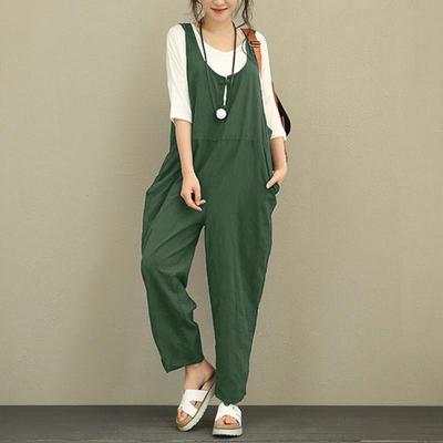 Damen Jumpsuit mit U-Ausschnitt, weites Bein, tiefer Schritt, ärmellos, locker, einfarbig, Seitentaschen, Pullover