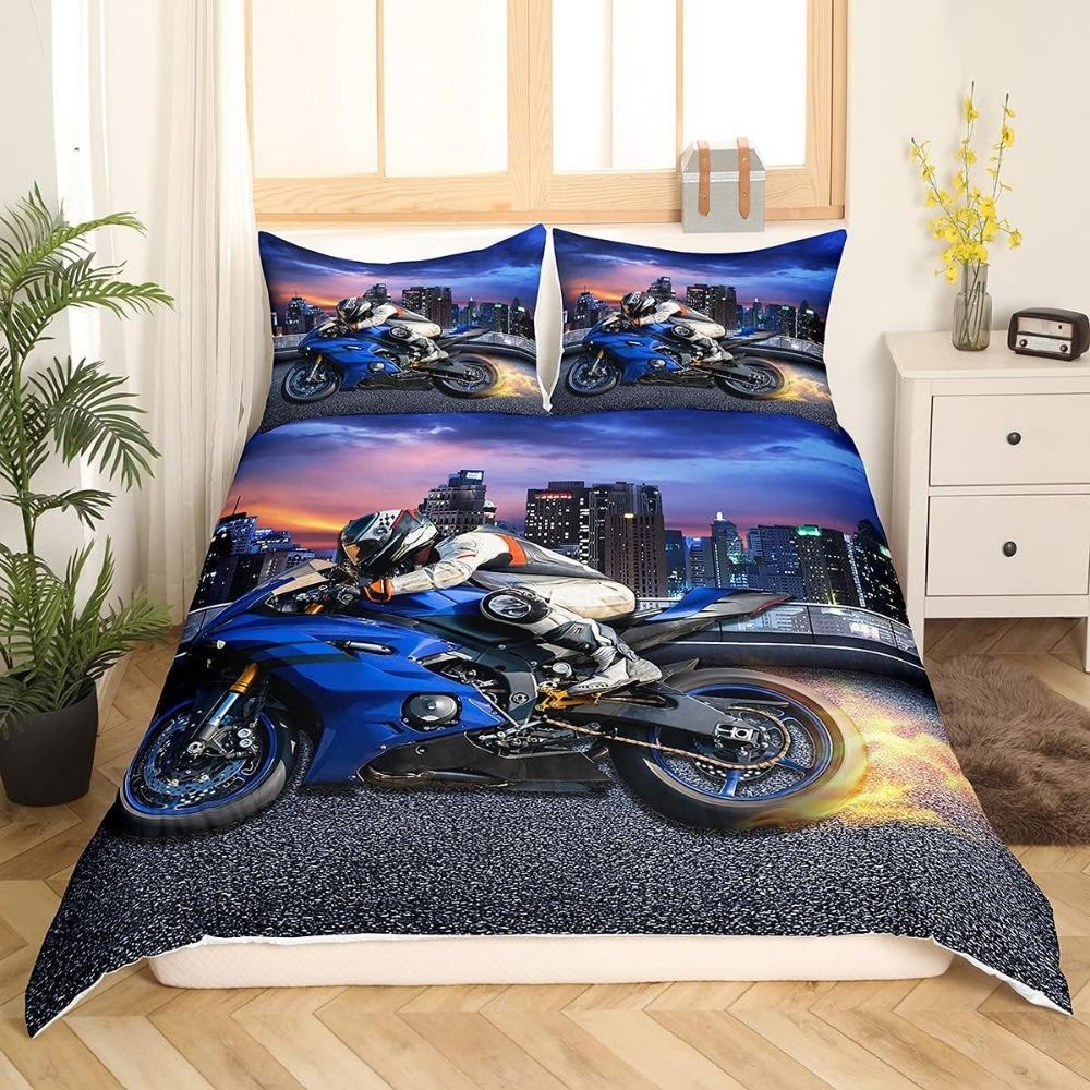 Motocross Bedding Sets, 3D Printed Pattern of Extreme Sports Motorcycle Theme Duvet Cover with 2 Pillowcases, Adults and Kids