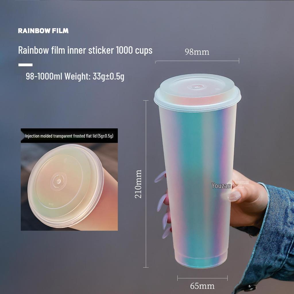 1L Disposable Rainbow Milk Tea Cup with Lid, 98mm Caliber, Colorful Laser Film Inner