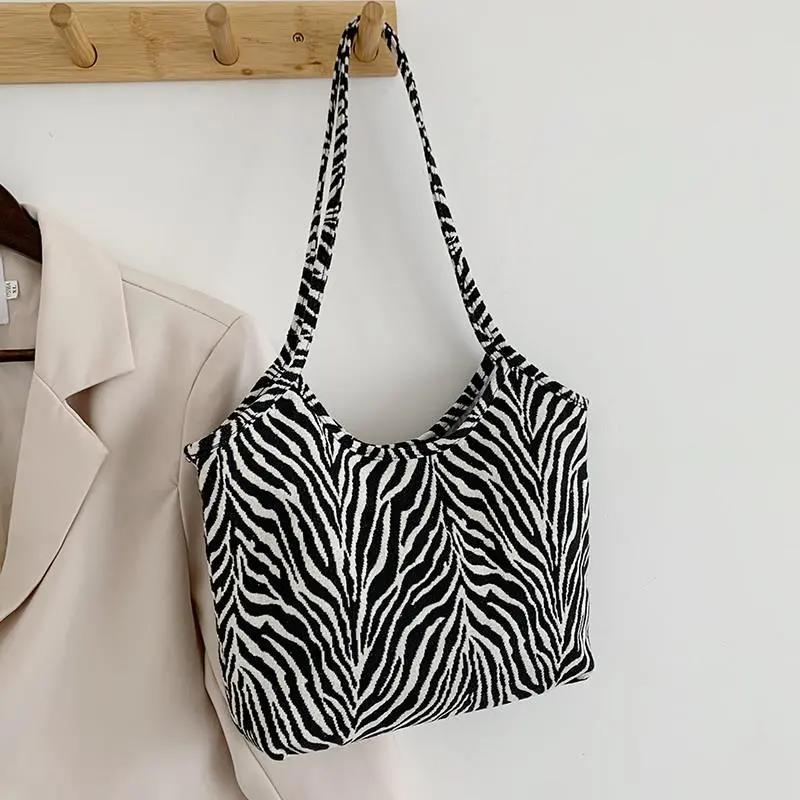 

Женская холщовая сумка, простая сумка на одно плечо большой вместимости, универсальная повседневная сумка в полоску с зеброй