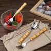 Long Handle Serving Spoon Fork Stainless Steel Gold Silver Bamboo Wooden Salad Spork Dessert Salad Spoon Tableware Set Kitchen